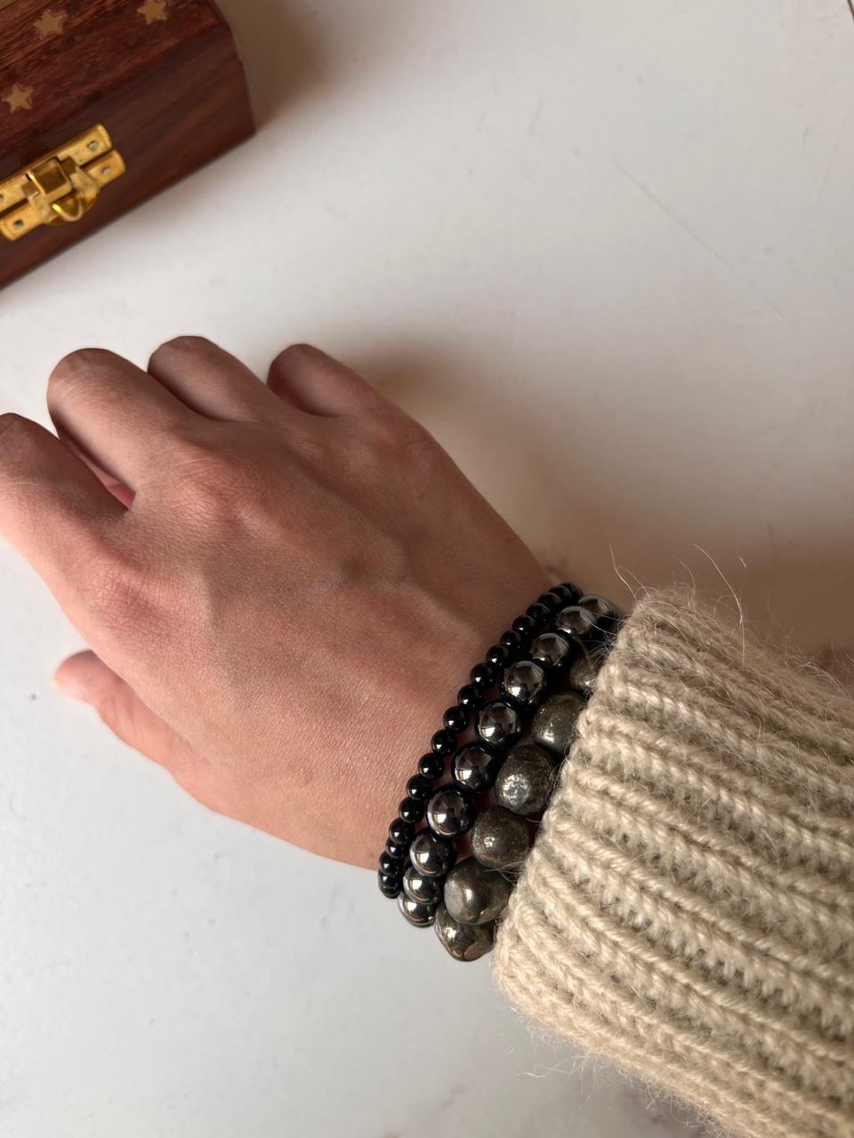 Energy-protecting bracelet with Pyrite tumble, Black Tourmaline 4mm, and Hematite 8mm