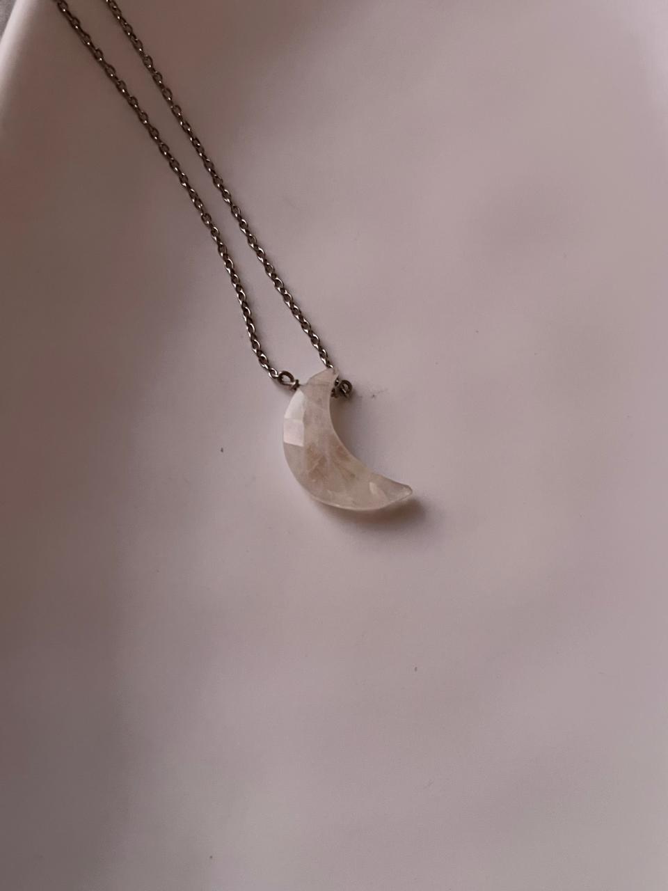 Silver necklace with a Moonstone crescent moon pendant and sparkling crystals