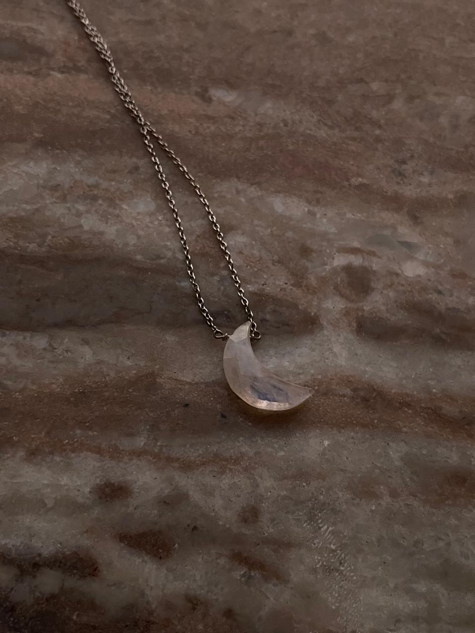Elegant Moonstone crescent moon crystal silver necklace