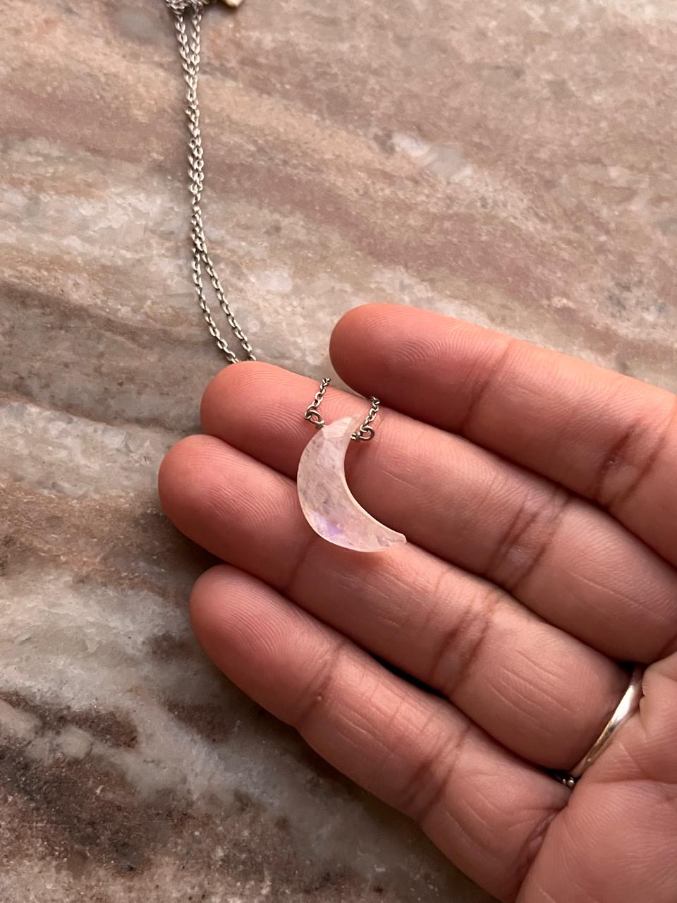 Luxury crystal silver necklace with a Moonstone crescent moon pendant