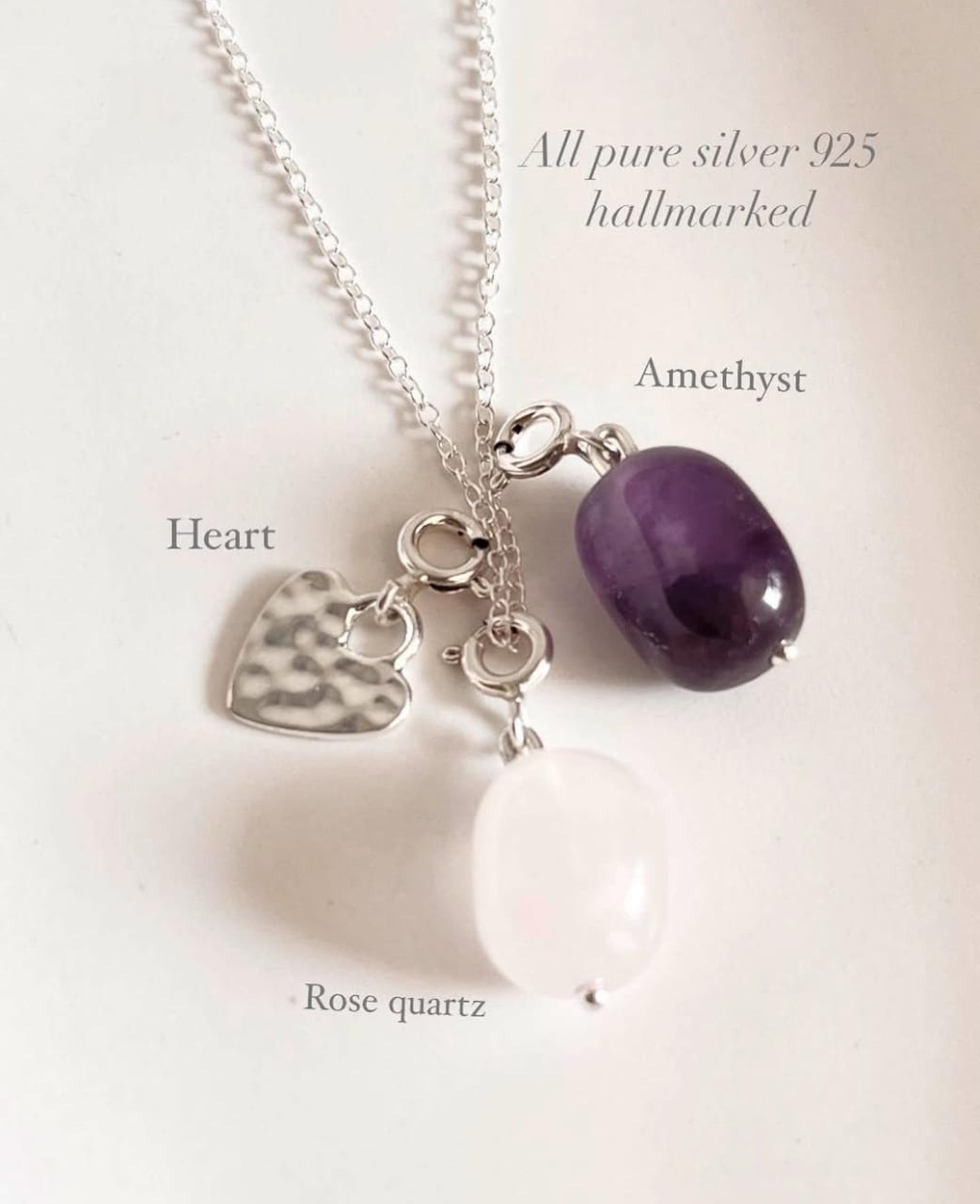Sterling Silver Necklace with Amethyst, Rose Quartz Tumble, and Hammered Heart Charm