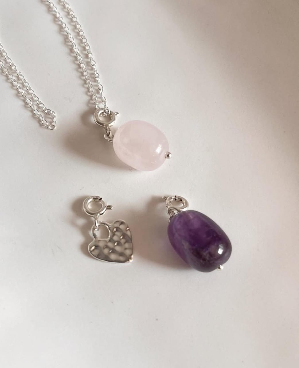 Amethyst Tumble, Rose Quartz Tumble & Hammered Heart Silver Charm Necklace for Wellness