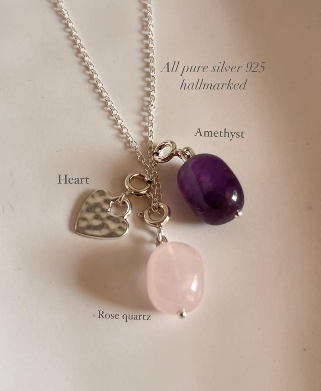 Rose Quartz and Amethyst Tumble Necklace with Hammered Heart Charm for Emotional Healing