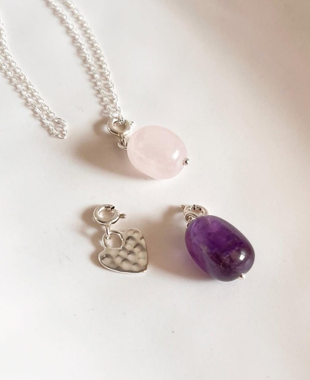 Healing Gemstone Necklace with Amethyst Tumble, Rose Quartz, and Heart Charm