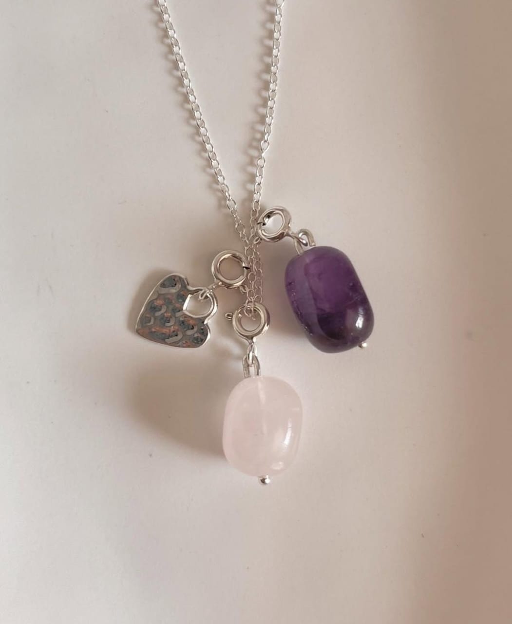 Amethyst Tumble, Rose Quartz Tumble & Hammered Heart Charm Necklace - Healing Gemstone Jewelry