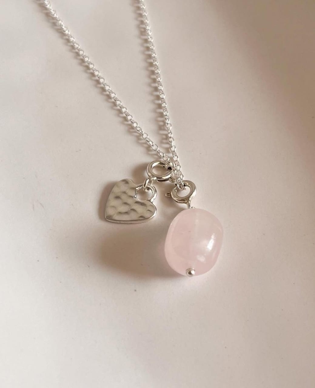Amethyst and Rose Quartz Tumble Necklace with Hammered Heart Silver Charm