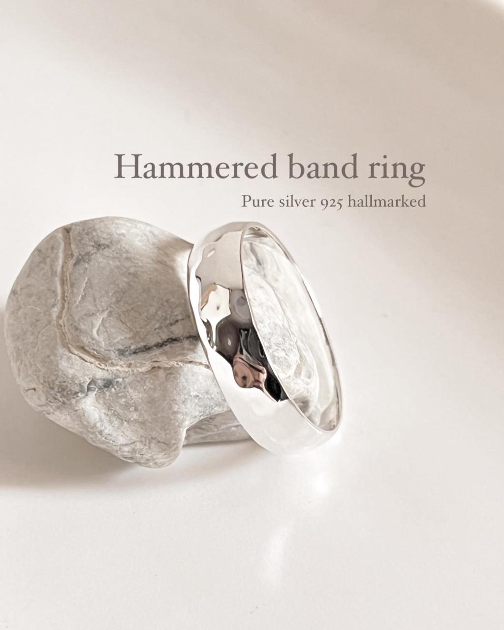 Hammered thick band 925 silver ring with textured design