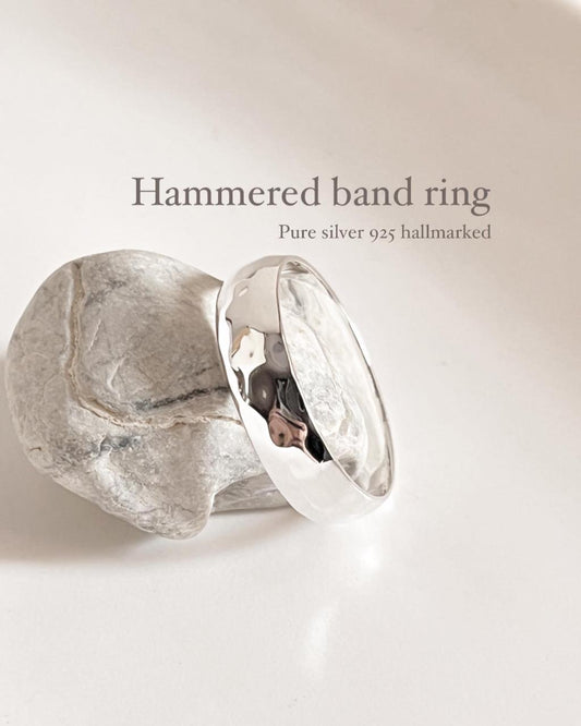 Hammered thick band 925 silver ring with textured design