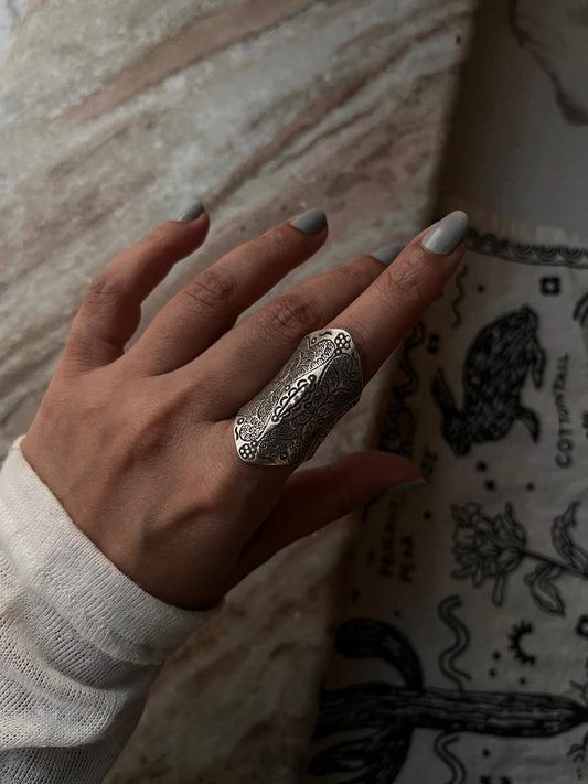 Artisan-made boho adjustable silver full finger ring