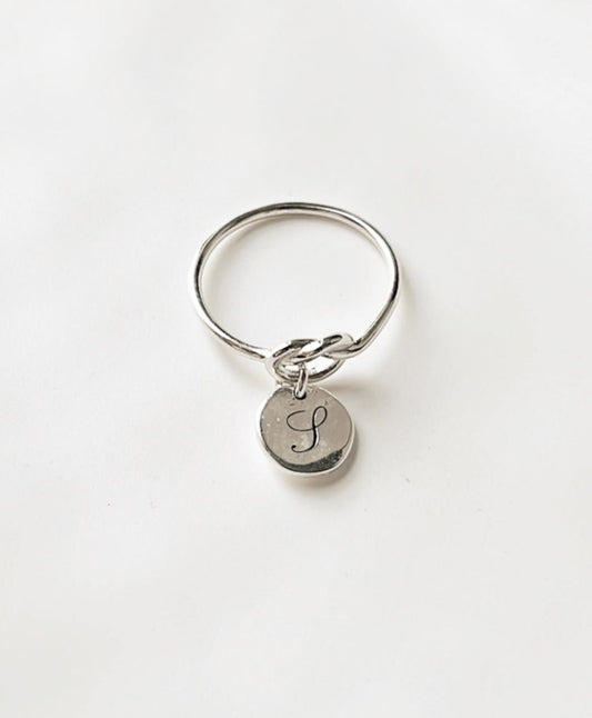 Promise Knot with Initial Charm Silver Ring for Personalized Jewelry