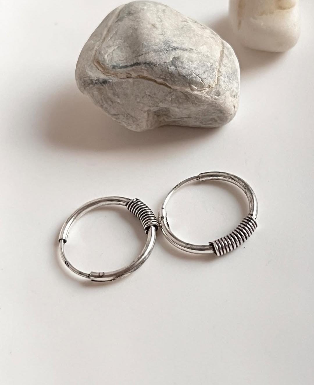 Bohemian oxidised silver wire wrap hoop earrings