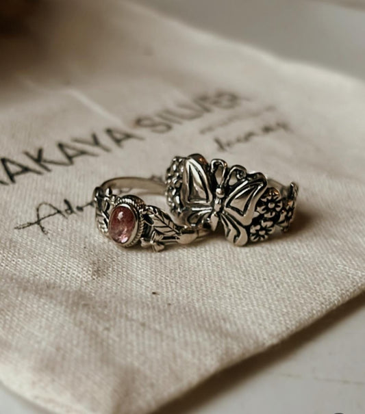 Pink Tourmaline and butterfly forest stack 925 silver ring