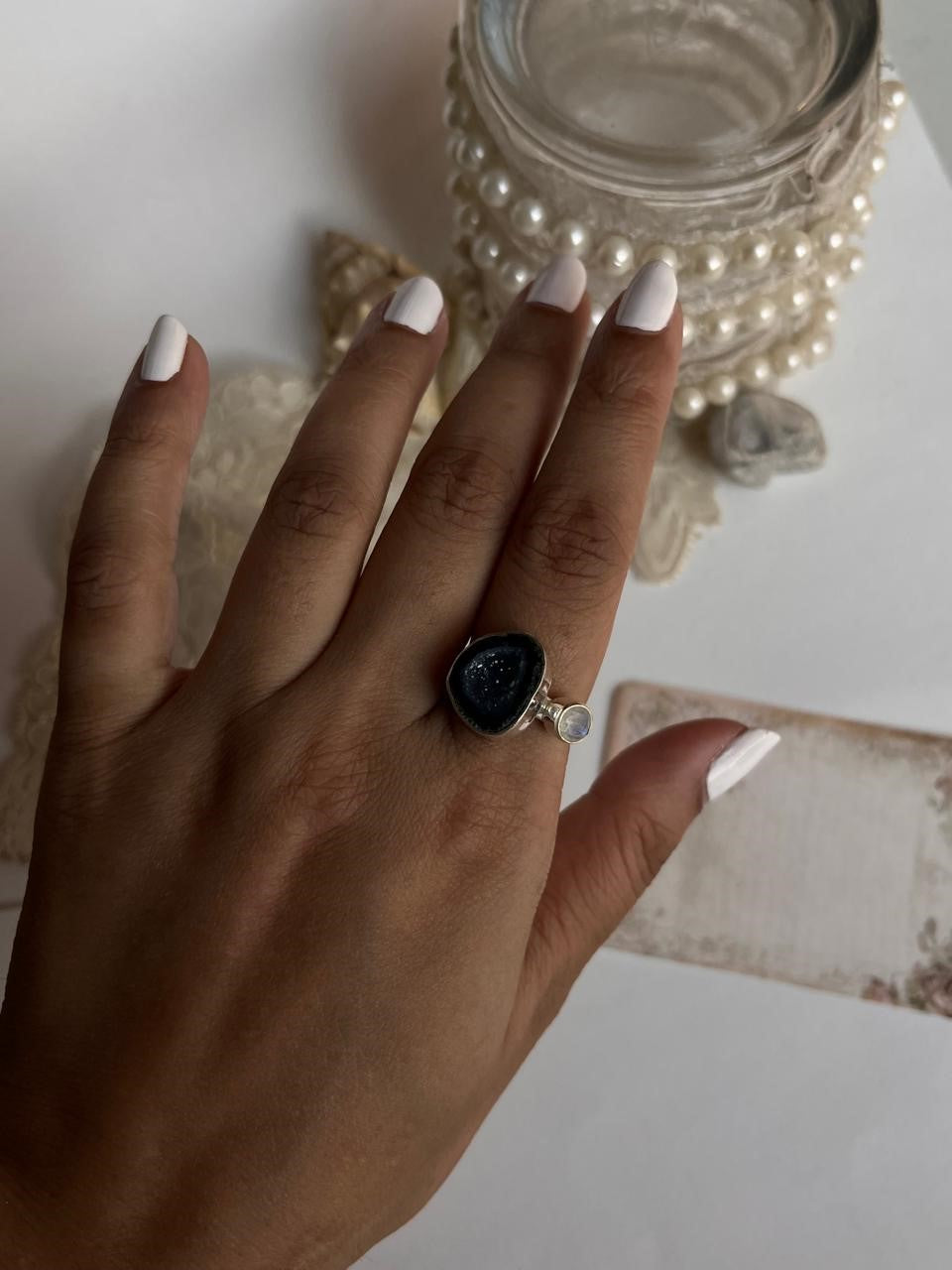 Artisan silver ring with blue coconut druzy and moonstone gemstone