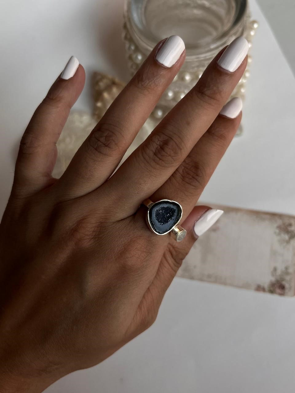 Blue druzy geode and moonstone silver ring with celestial charm