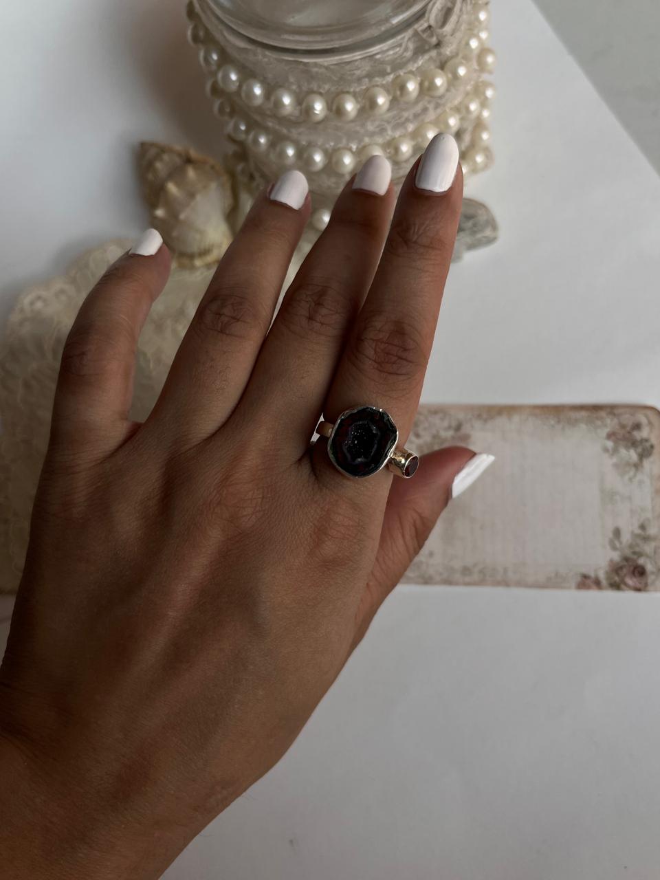 Druzy geode and garnet silver ring with vibrant red accents
