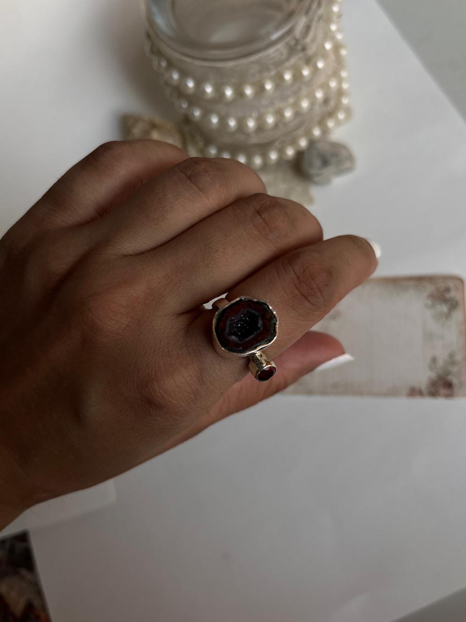 Red coconut druzy geode silver ring with garnet detail