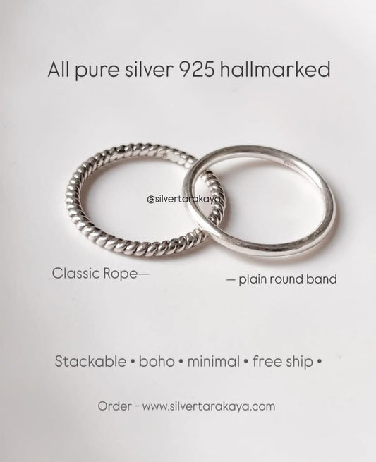 Rope Band & Round Band Stack Set Silver Ring