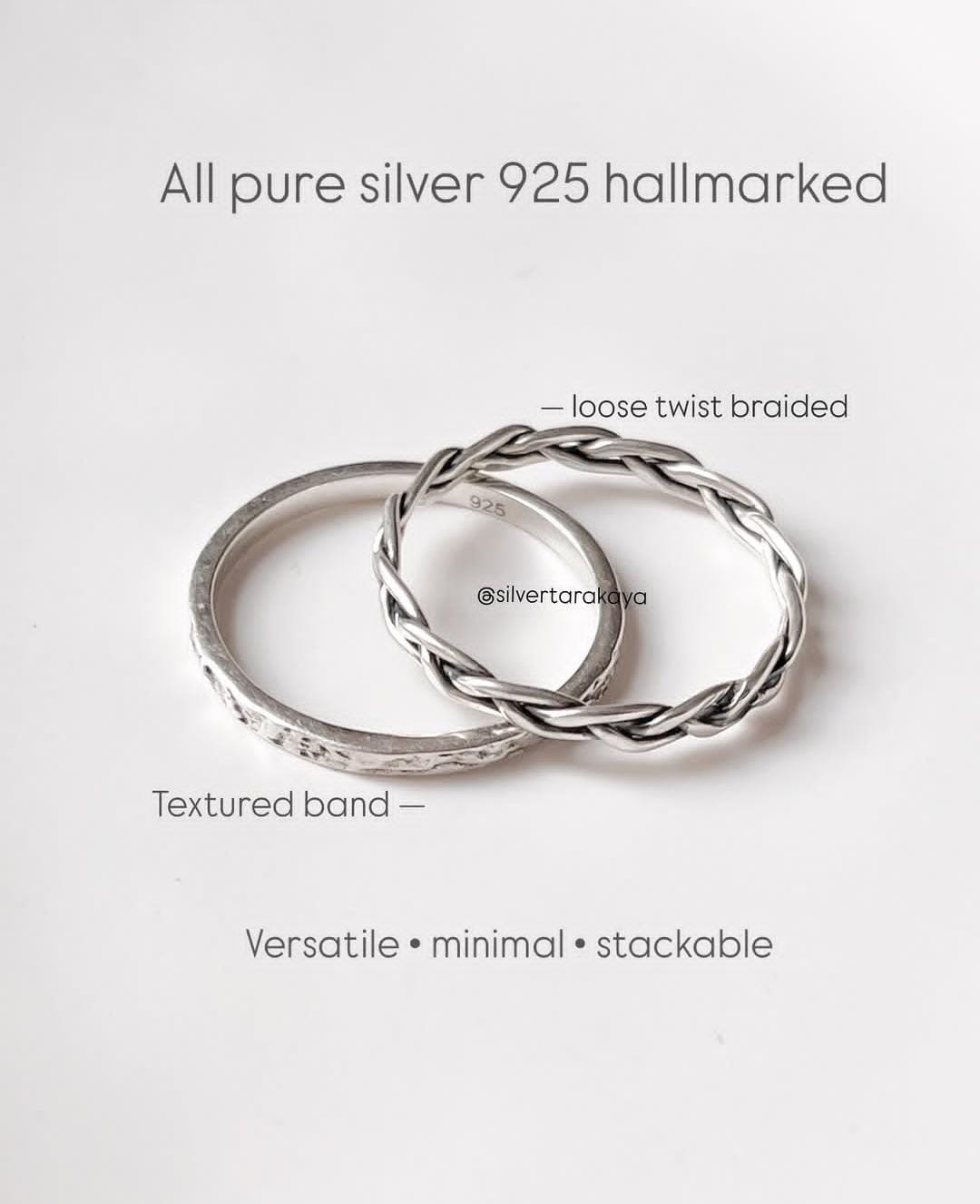 Textured Band & Loose Braided Stack Set Silver Ring