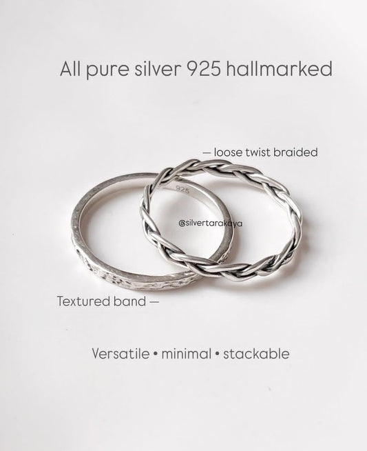 Textured Band & Loose Braided Stack Set Silver Ring