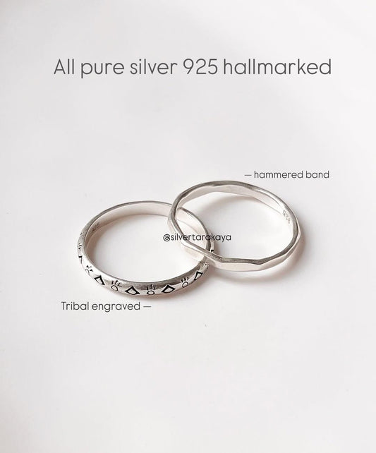 Hammered Band & Tribal Engraved Stack Set Silver Ring