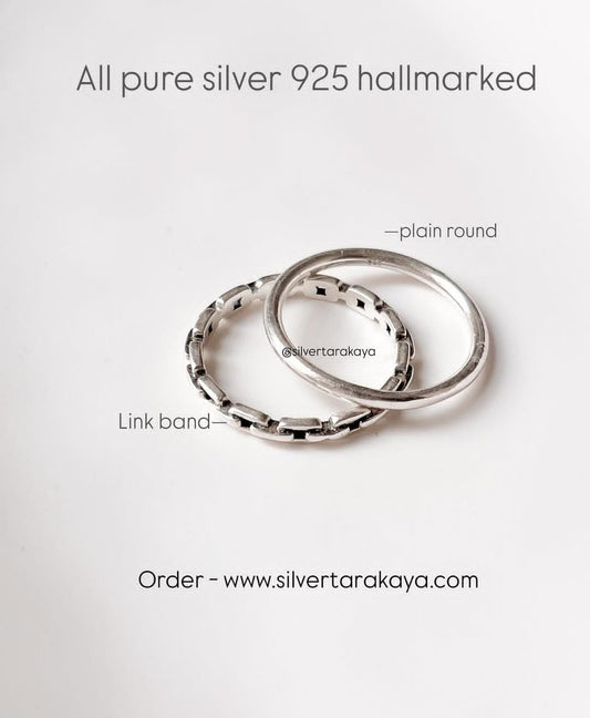 Thin Link Band & Plain Round Stack Set Silver Ring