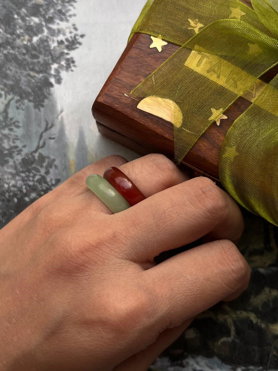 Natural green aventurine and carnelian crystal stack rings