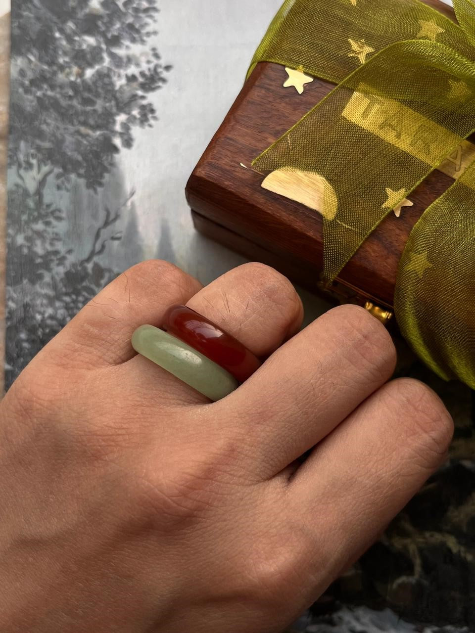 Handcrafted green aventurine and carnelian gemstone stacking rings