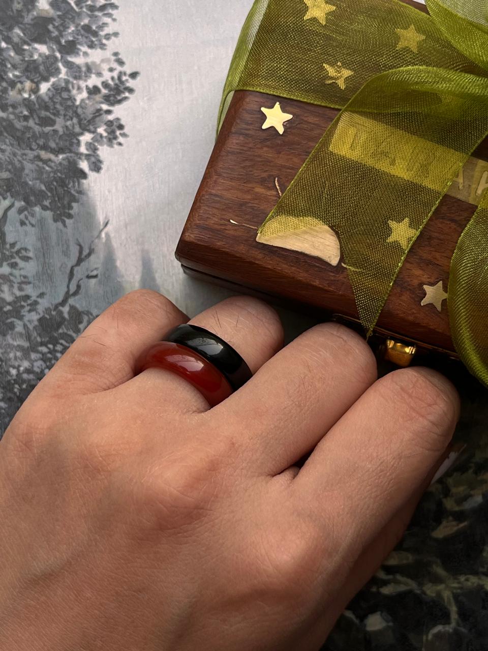 Crystal ring set with black agate and carnelian gemstones