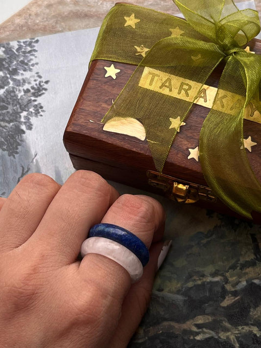 Lapis lazuli and rose quartz crystal band stack set