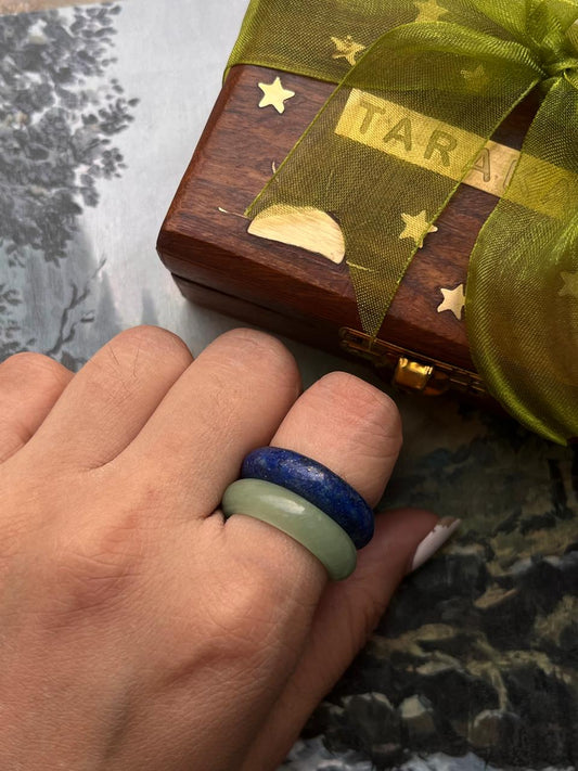Green aventurine and lapis lazuli crystal stackable ring set