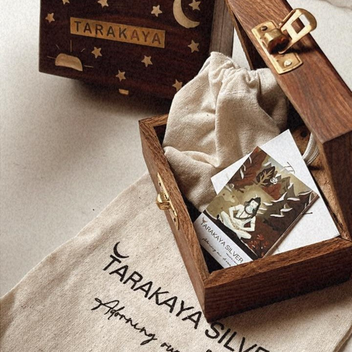 Handcrafted wooden box with decorative gift wrap for 925 sterling silver products