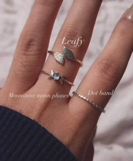 Moonstone moon phases and leafy dot band stack set silver ring