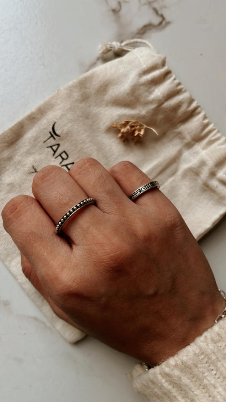 Handcrafted silver ring stack with Rawa and tribal engravings