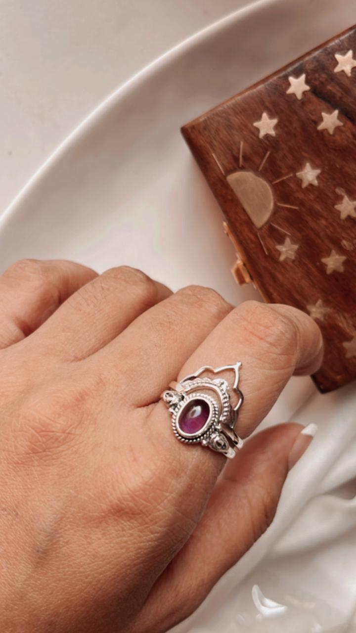 Amethyst oval gemstone and boho crown silver stack set