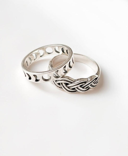 Moon Phases & Chunky Braided Stack Silver Ring