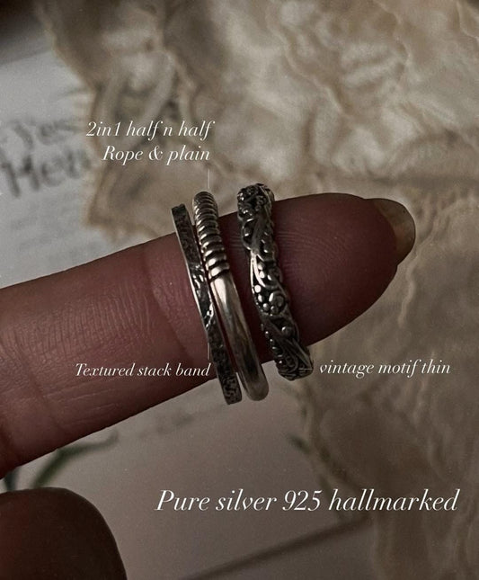 Thin Vintage Motif, 2 in 1 Plain Rope & Textured Band Stack Set 925 Sterling Silver Ring