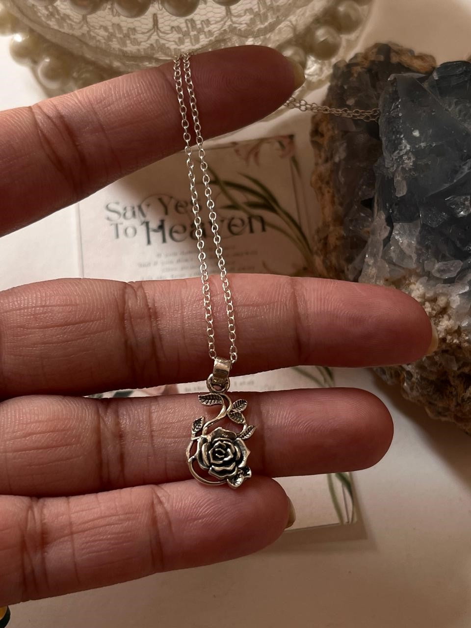 Handcrafted Silver Necklace with Vintage Rose Design