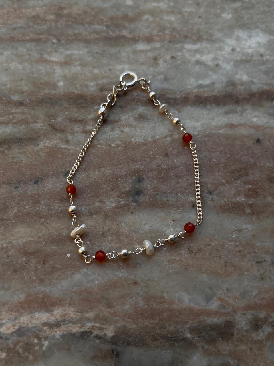 Red Onyx & Pearl Handcrafted 925 Sterling Silver Anklet