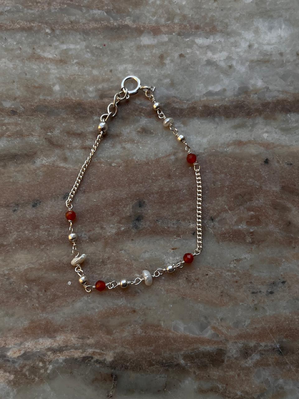 Red Onyx & Pearl Handcrafted 925 Sterling Silver Anklet