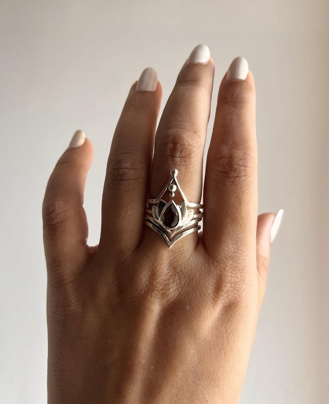 Divine Lotus and Double V stack set 925 sterling silver ring