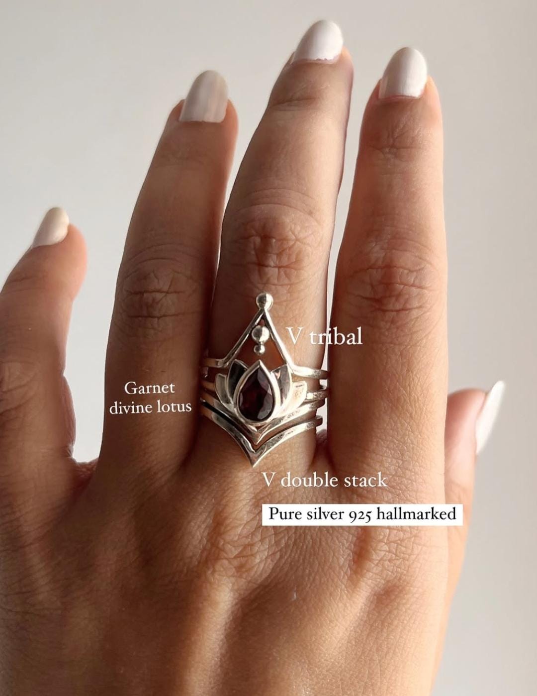 Garnet Divine Lotus 925 sterling silver stackable ring set