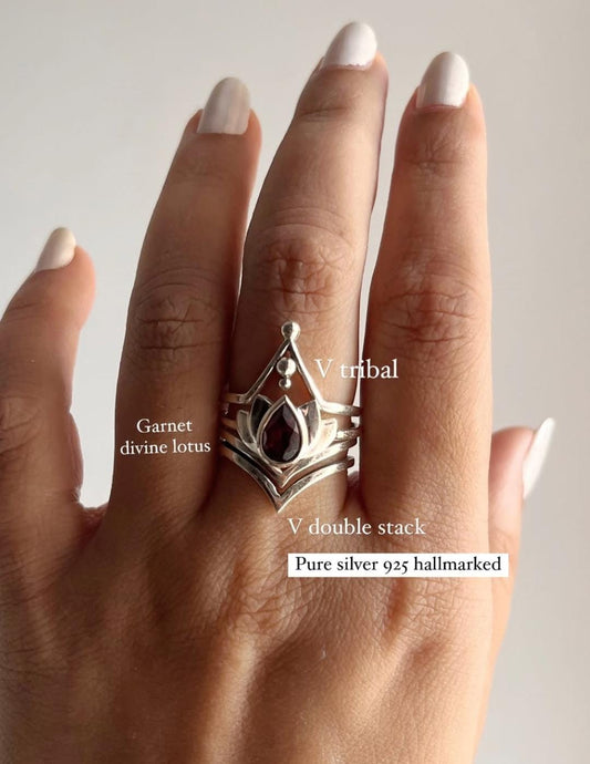 Garnet Divine Lotus 925 sterling silver stackable ring set