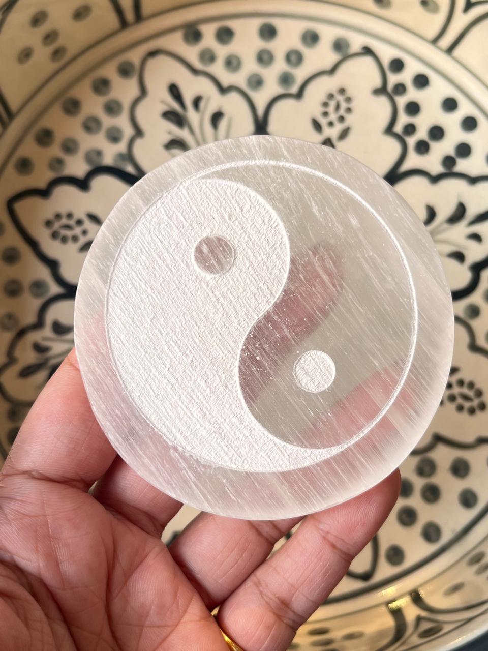 Powerful Yin Yang symbol etched on selenite charging plate