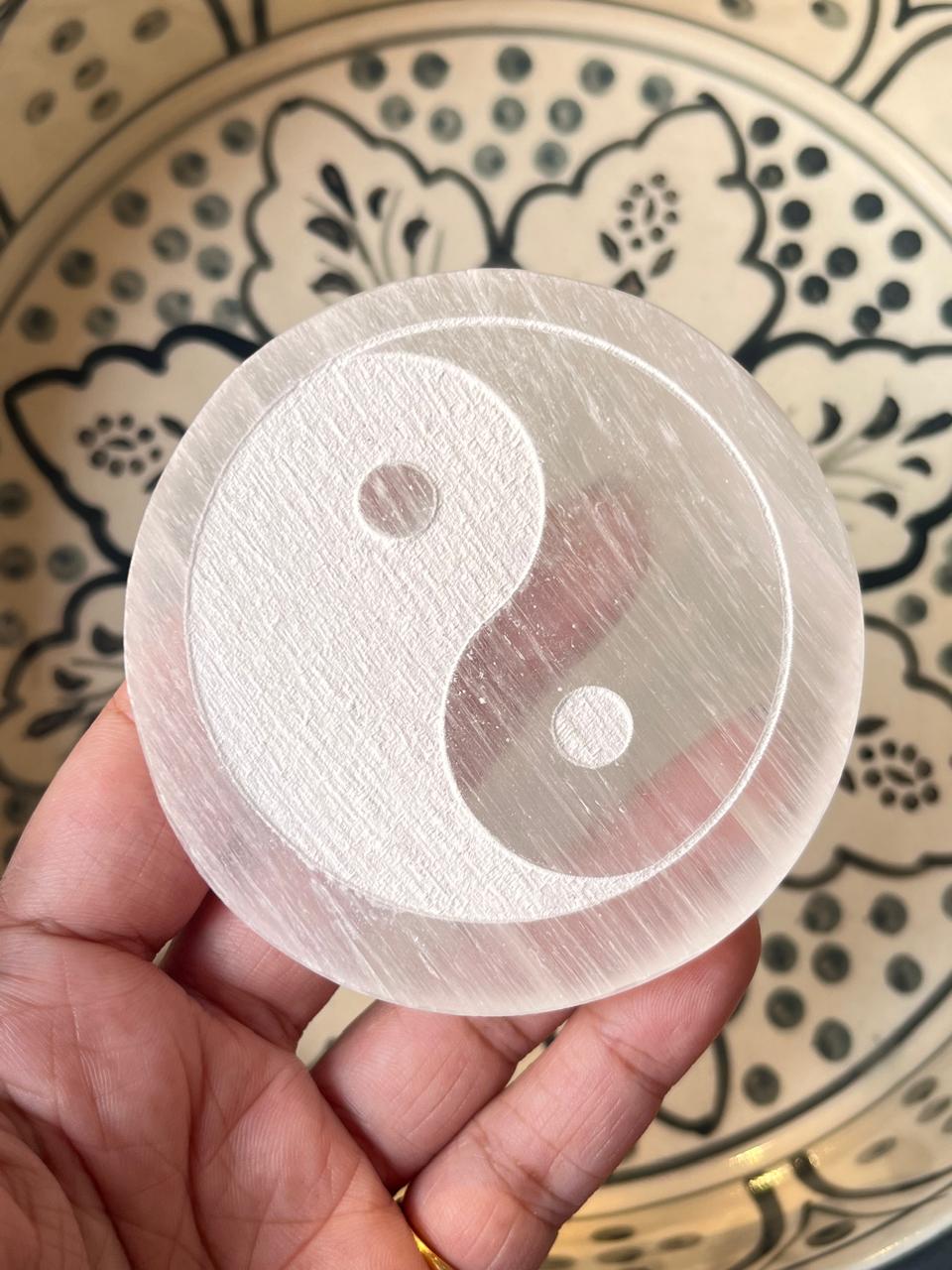 Selenite charging plate with Yin Yang symbol