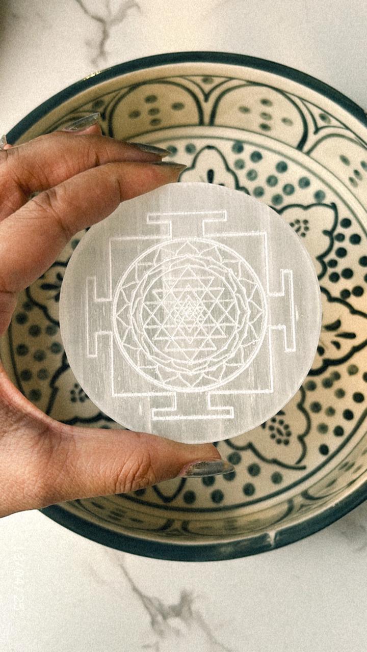Selenite charging plate with sacred geometry Shree Yantra