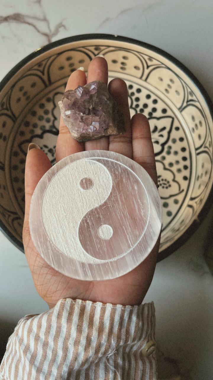 Handcrafted selenite charging plate featuring Yin Yang