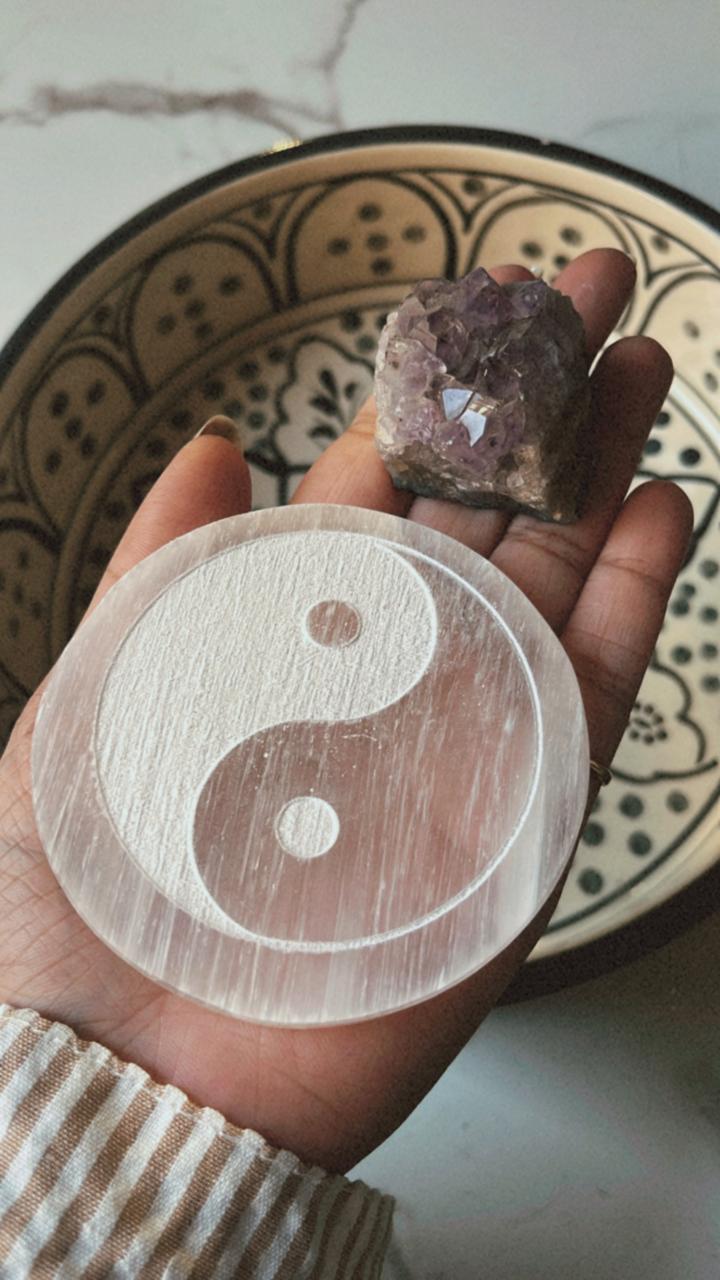 Selenite plate for energy balancing with Yin Yang symbol