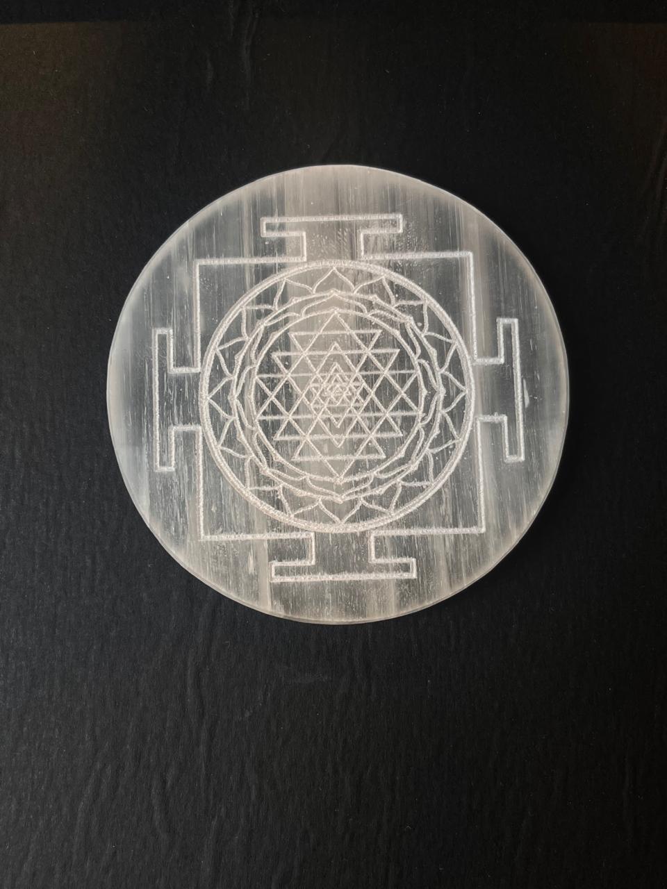 Shree Yantra etched on selenite crystal charging plate