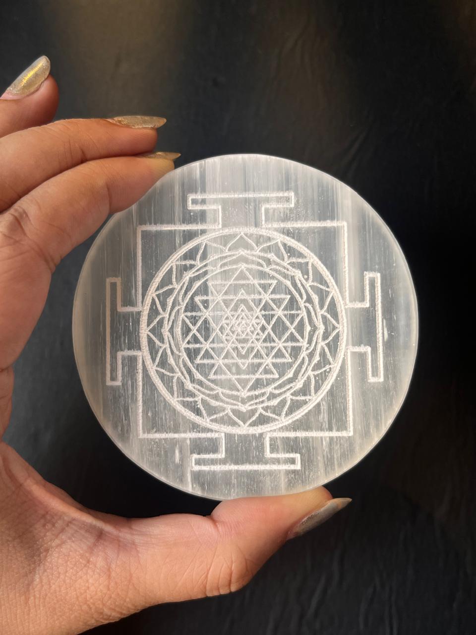 Selenite charging plate with Shree Yantra design