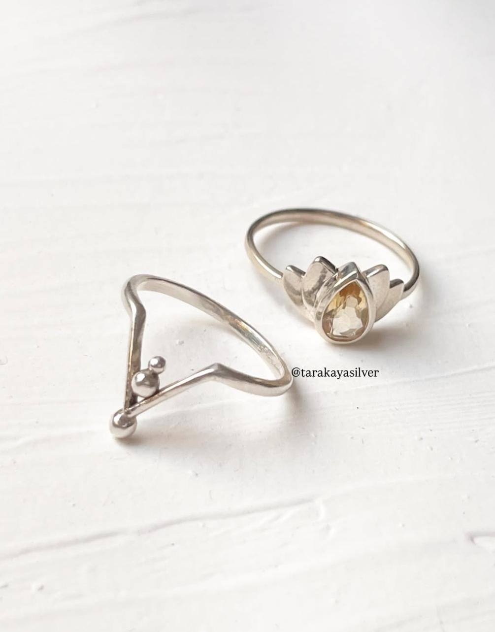 Citrine Lotus & V Tribey Stack Set 925 Sterling Silver Ring